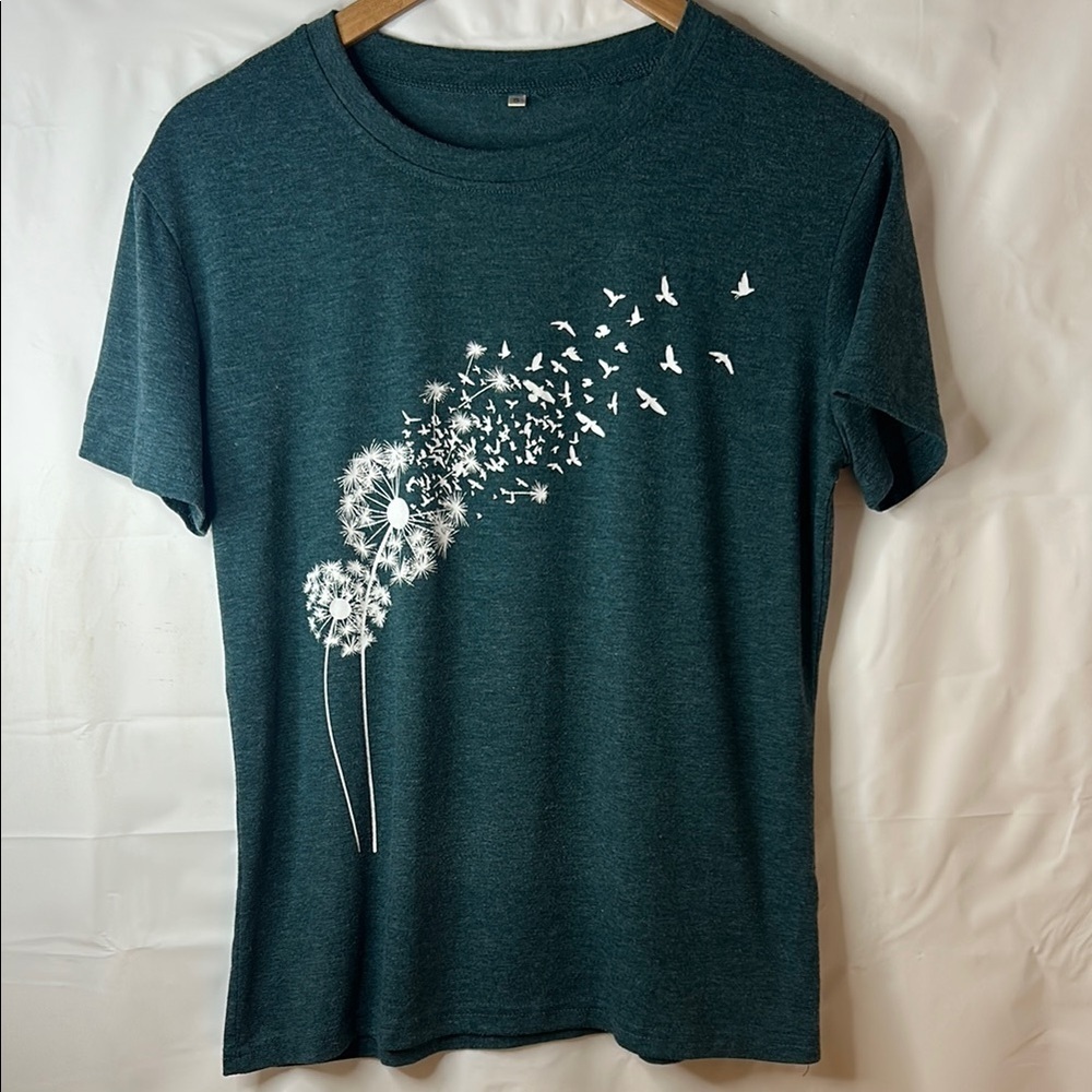Teal Graphic T-Shirt with Dandelion Design womens size extra size small nature